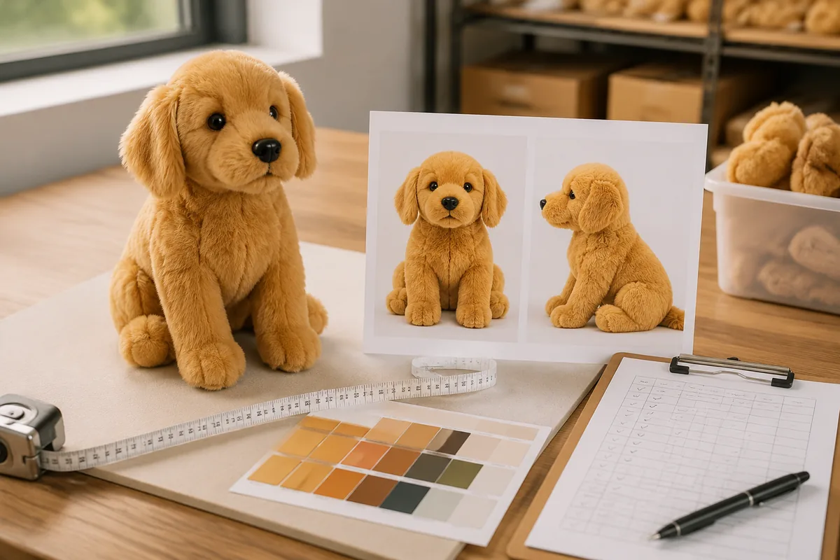 Side-by-side gold sample pet toy vs Amazon listing main image color and size checklist