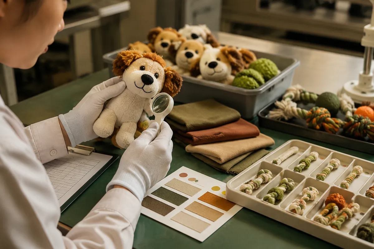 In-line QC bench inspecting plush and rope pet toys for seam strength, labels, and color lot before FBA ship