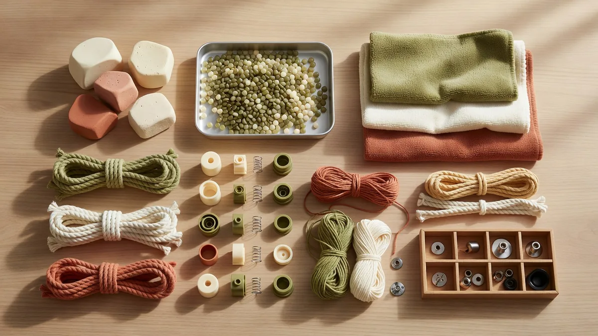 Material swatches, TPR pellets, rope, and squeaker parts laid out for ASTM F963 pet toy manufacturer selection