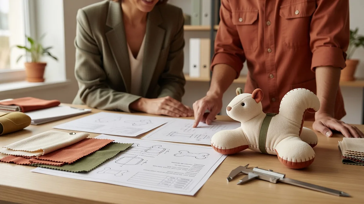 Tech pack, fabric swatches, and a plush prototype on a desk during ASTM F963 pet toys manufacturer RFQ review