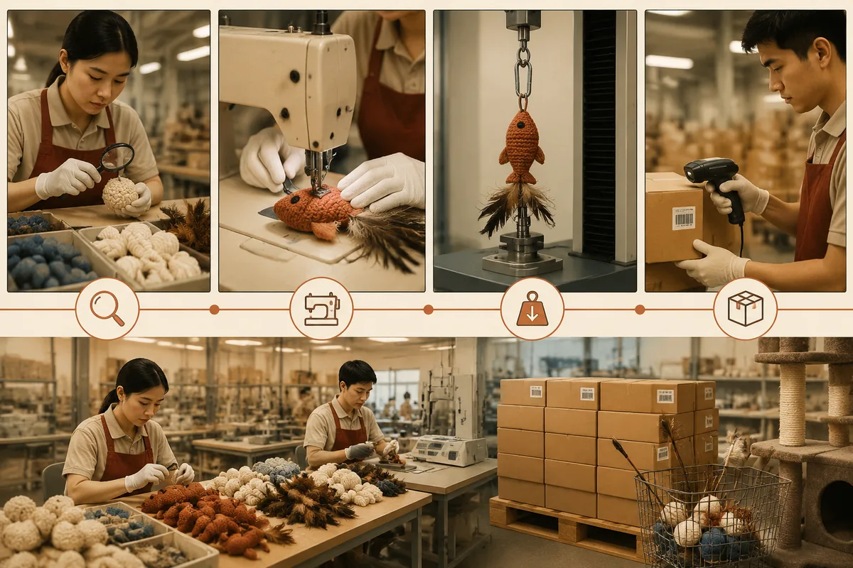 Factory quality control workflow for bulk cat toys including material checks, stitch inspection, pull testing, and packing verification