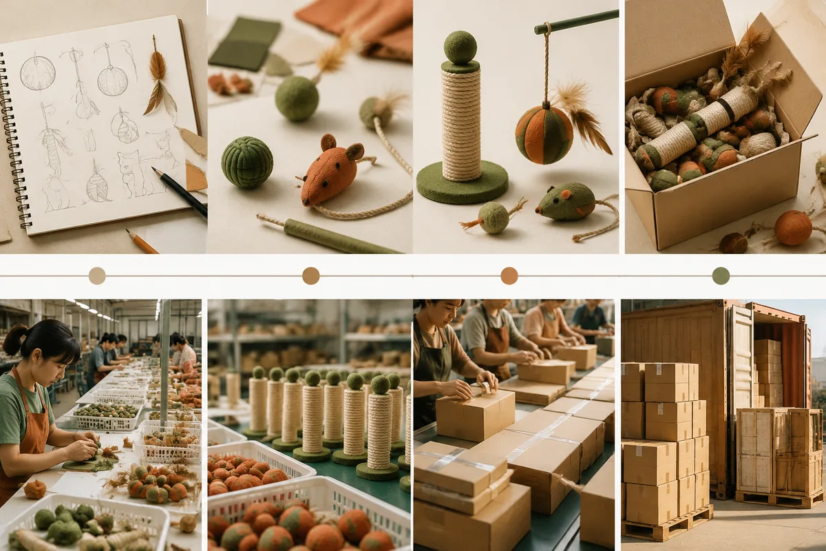 From prototype sample to packed bulk cartons in a cat toy production journey for wholesale resale buyers
