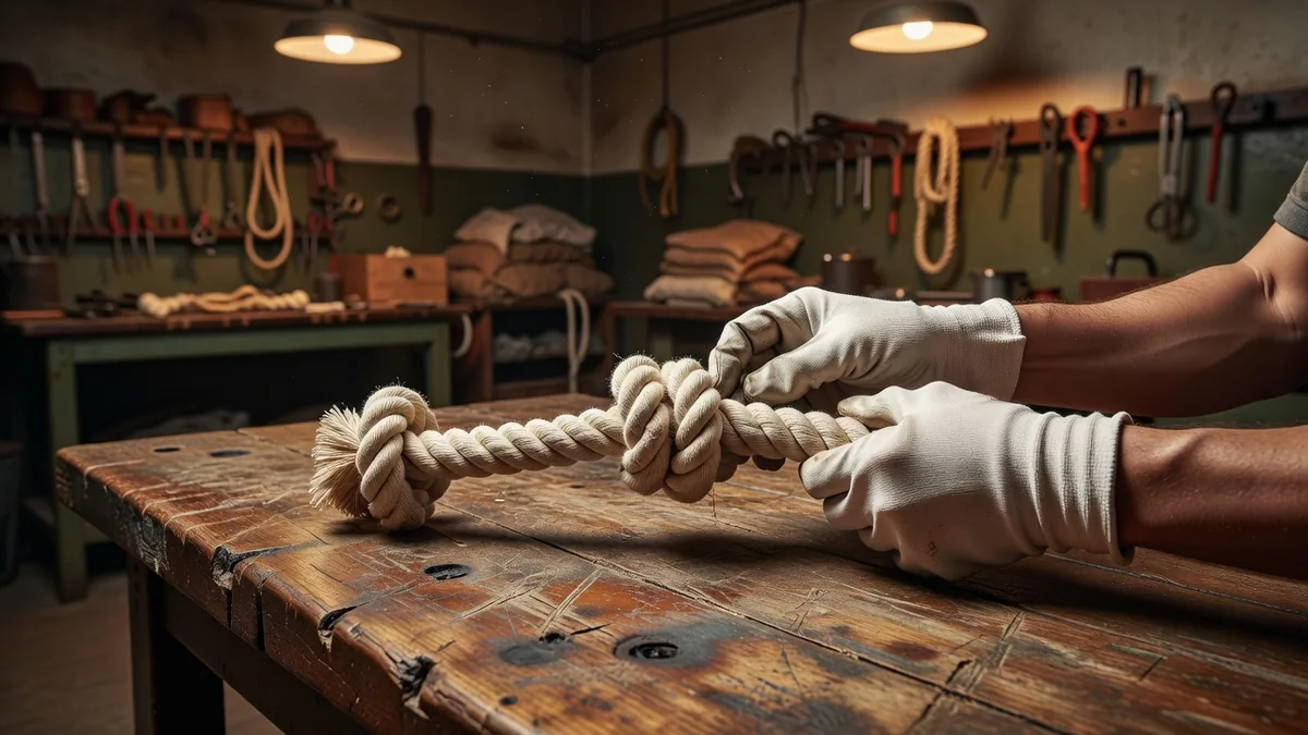 Gloved hands checking knot tightness on a cotton rope chew during bulk dog rope toys QC