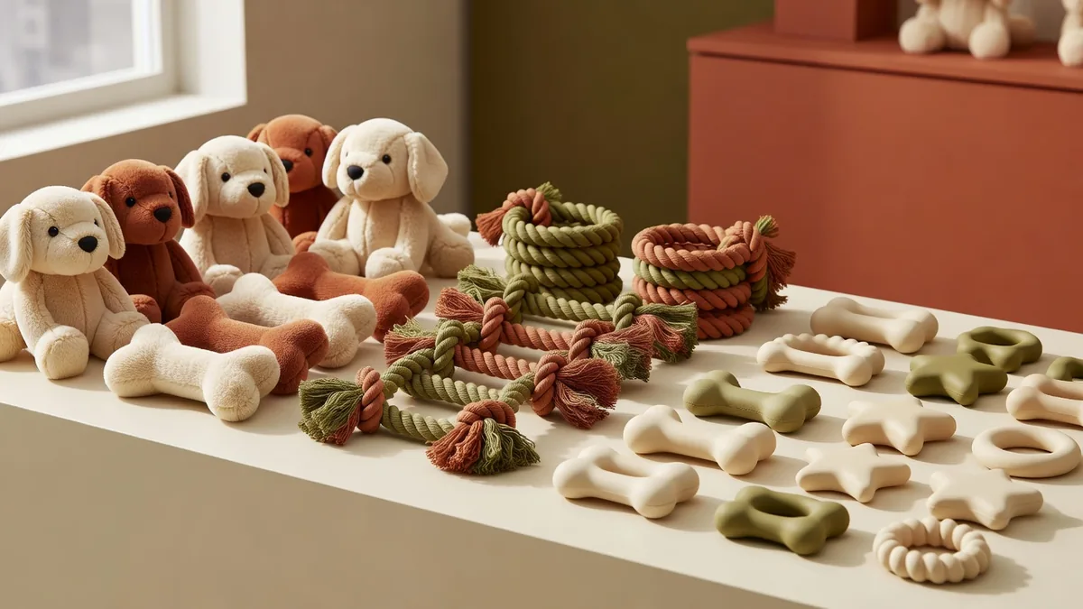 Assorted bulk puppy toys with soft plush, rope, and light rubber bodies on a warm cream sampling desk