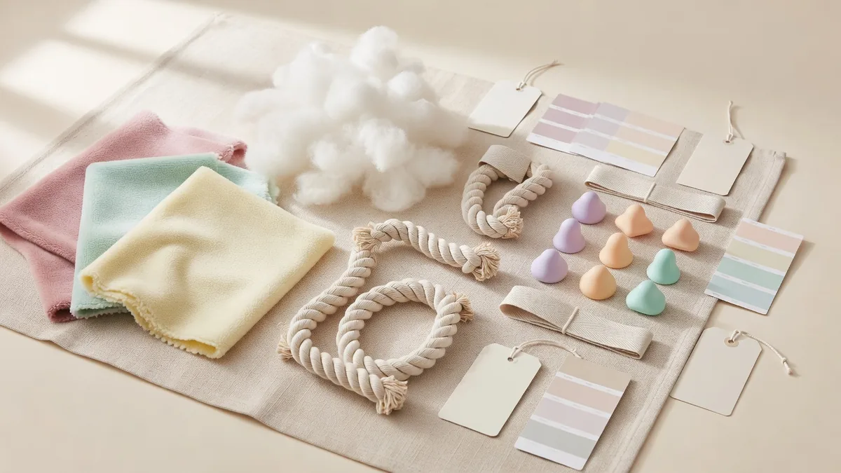 Bulk puppy toys materials flatlay: soft plush, fiberfill, cotton rope, soft TPR teething piece, woven labels, and color cards
