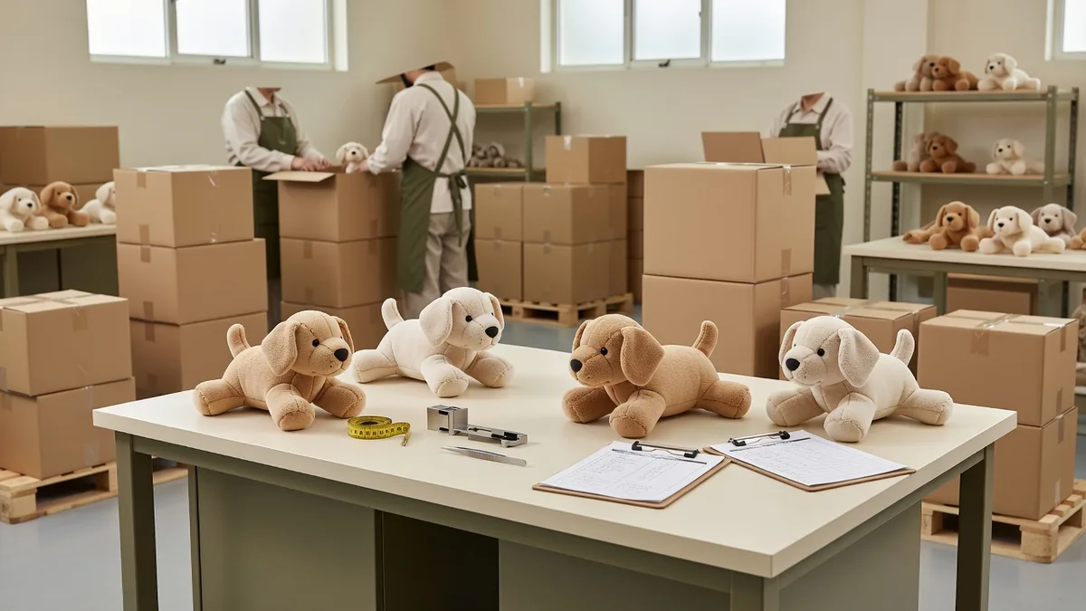QC bench for bulk puppy toys: seam pull test, soft material check, and export carton pack-out