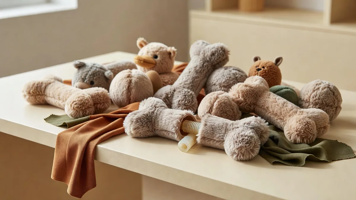 Assorted bulk squeaky dog toys with plush bodies and exposed squeaker inserts on a warm cream sampling desk