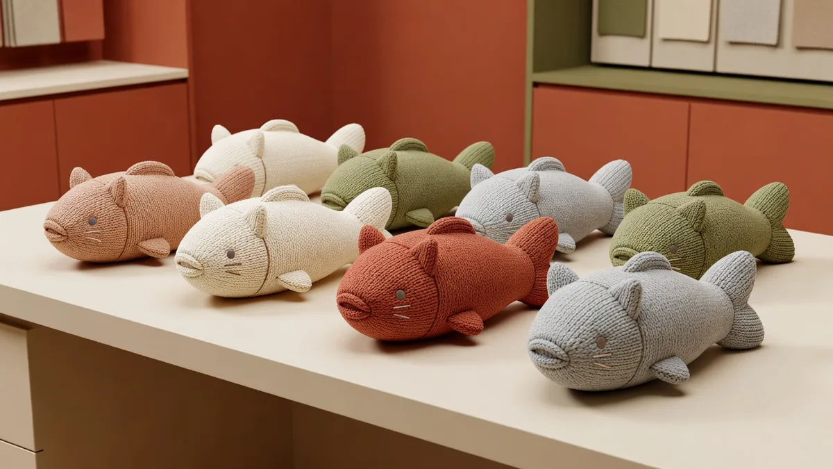 Assortment of knitted cat fish pillow plush toys in cream, terracotta, olive, and gray colorways on a warm cream sampling desk for wholesale buyers