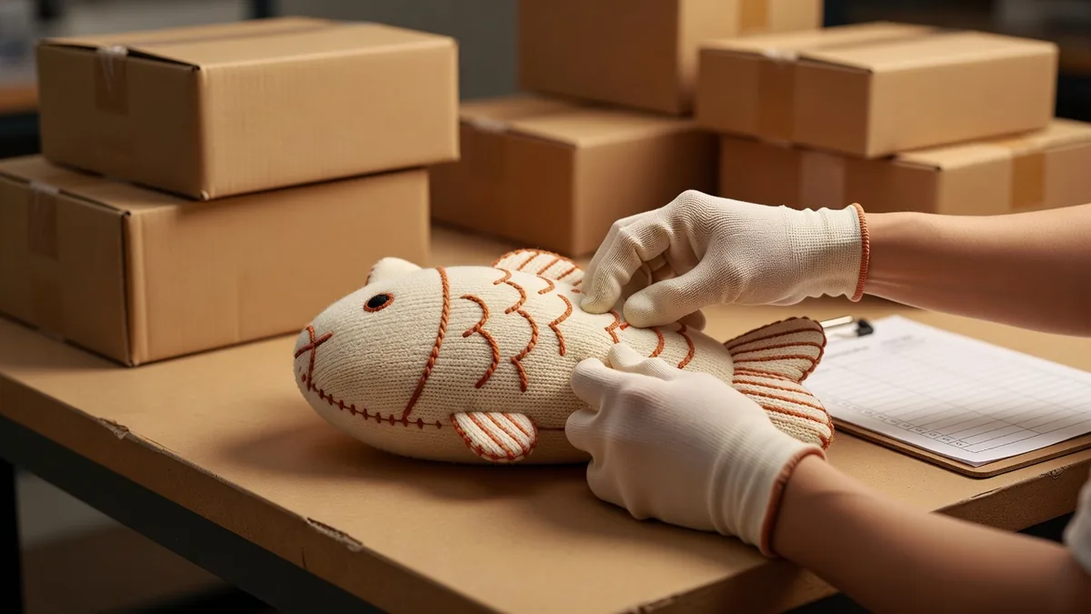 Quality control inspector checking seam strength and knit stitch integrity on a knitted cat fish pillow plush toy at a factory QC bench