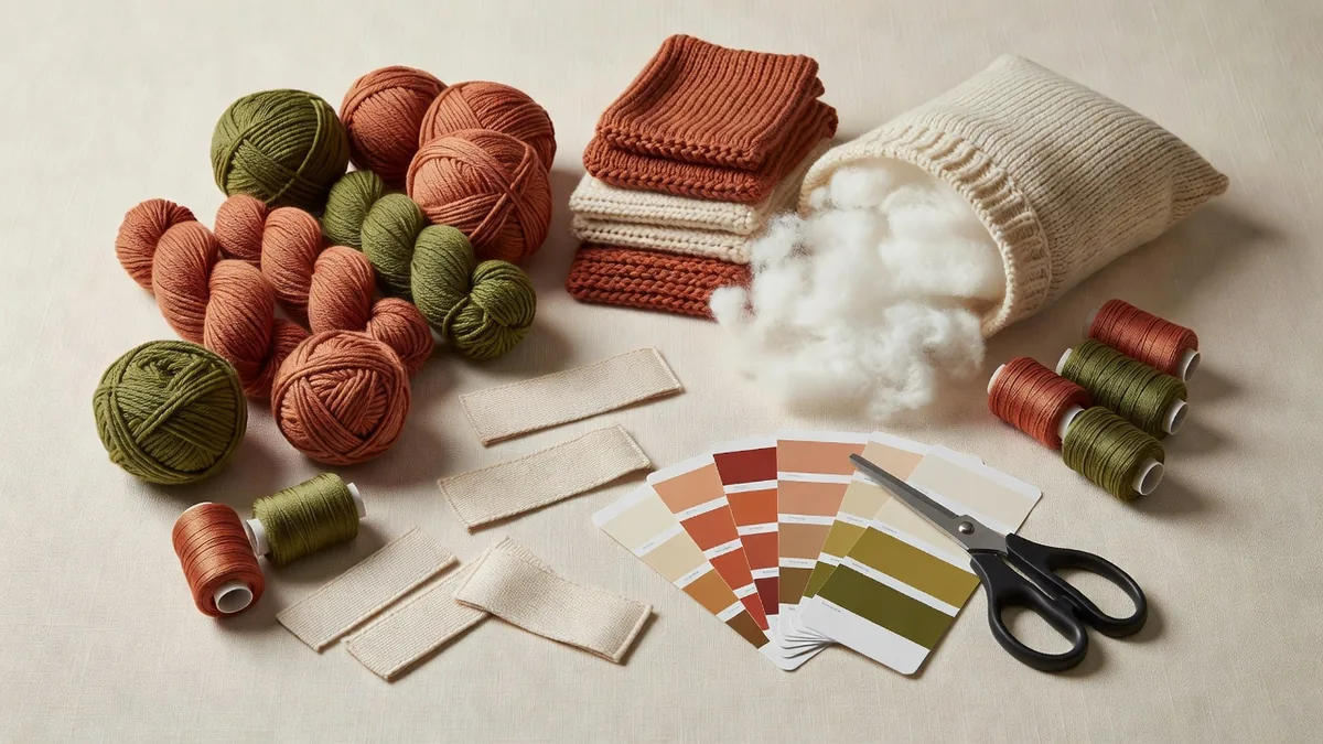 Yarn skeins, knit swatches, fiberfill, embroidery thread, woven labels, and color cards for knitted cat fish pillow plush toy production