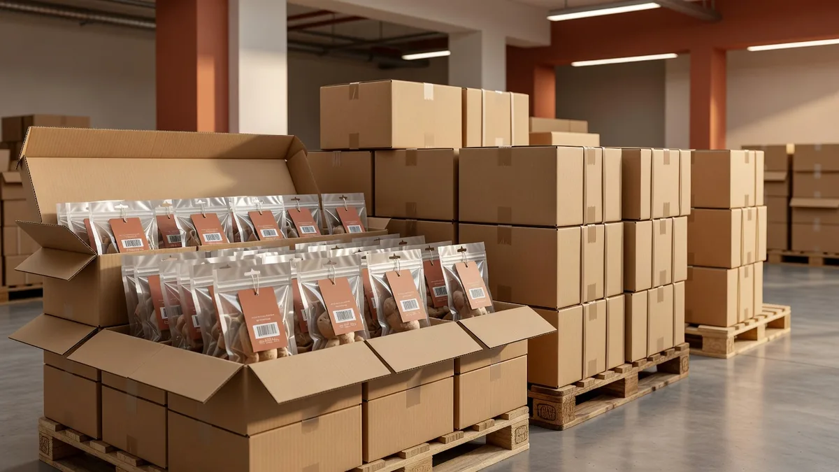 Export pack-out of polybagged cat toys with hangtags in open master cartons on a warehouse pallet