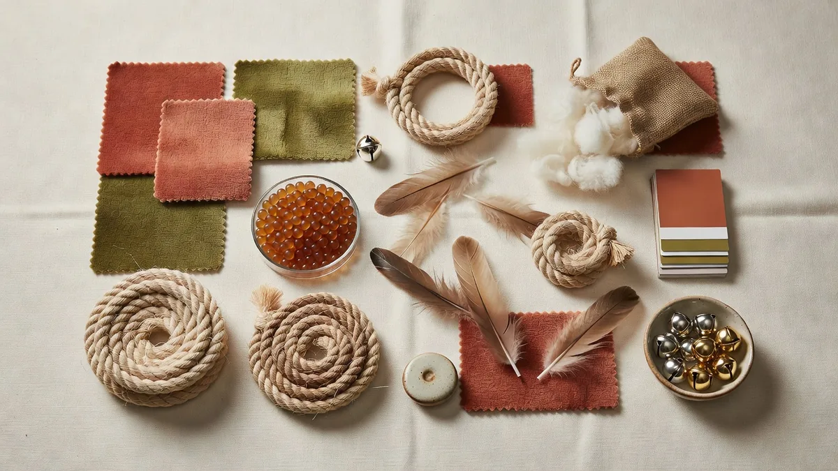 Assorted wholesale cat toys on a sampling desk including feather wands, plush mice, sisal balls, and TPR rollers for brand buyers