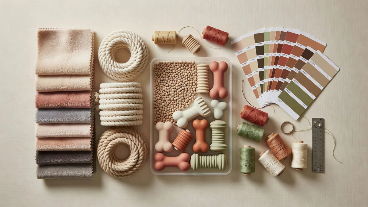Materials and QC flatlay for China pet factory small business friendly sourcing: fabric, rope, TPR, color cards