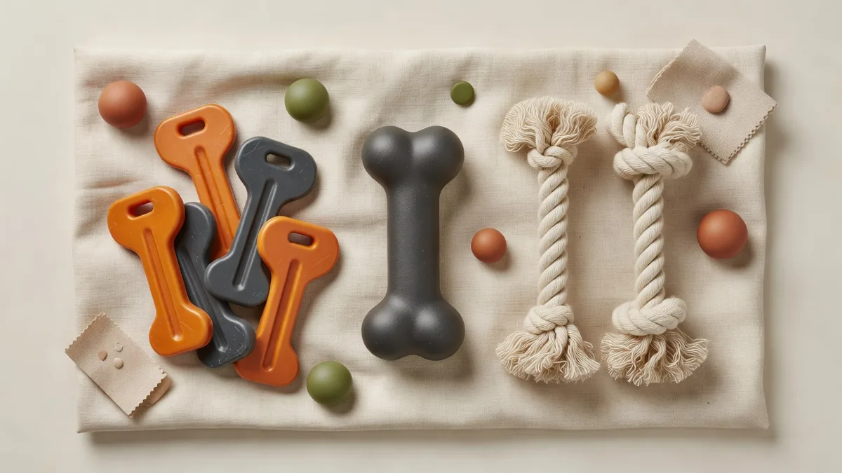 TPR key chew, PA coated bone, and cotton rope dog toys laid out for material comparison