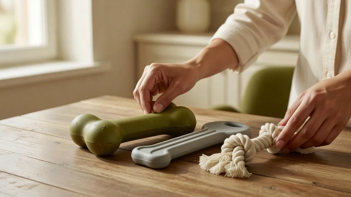Green coated bone chews in three sizes on a warm cream sampling table
