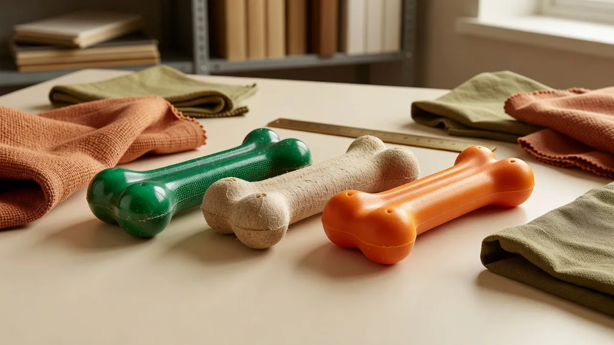 Green coated bone, beige fiber bone, and orange real bone chews compared on a sampling desk