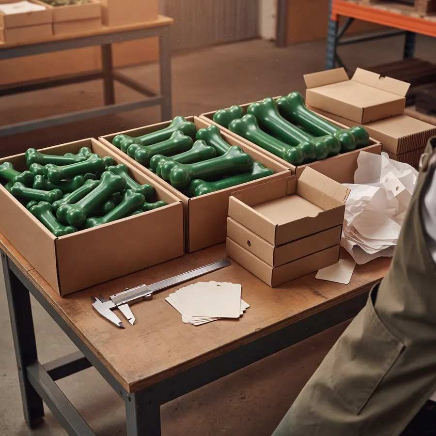 Factory pack-out bins holding three sizes of green coated bone dog chews with kraft inner boxes