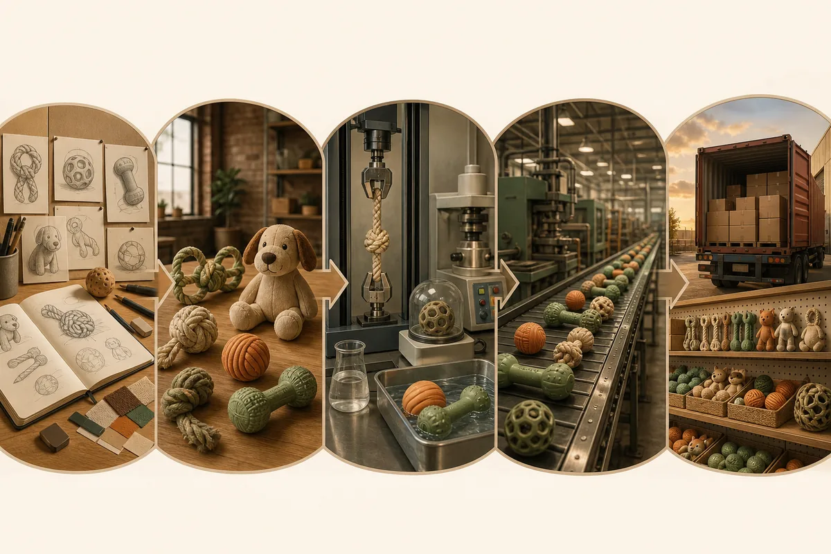 Five-phase custom pet toy development timeline: concept sketches → prototyping → lab testing → production line → shipping to retail shelf