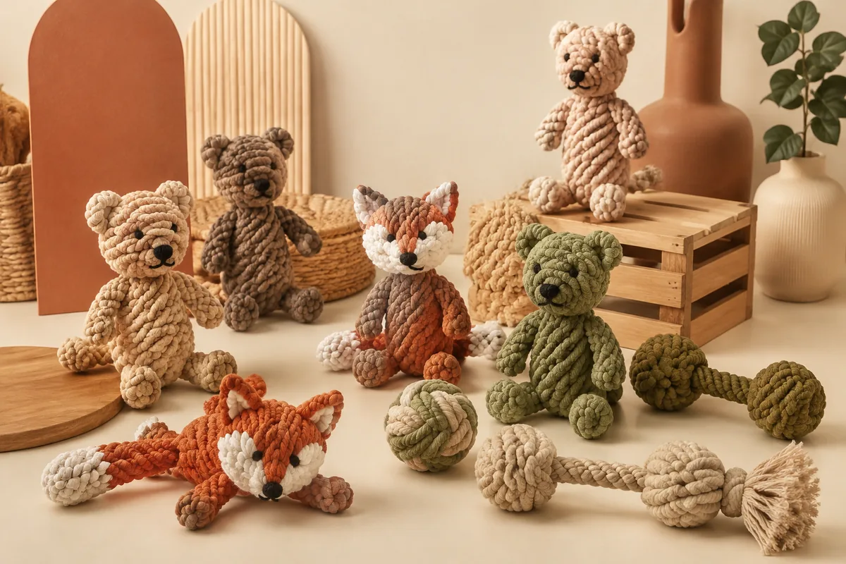 Cotton rope animal dog toys assortment on a warm cream sampling desk with bear and fox shapes for OEM buyers