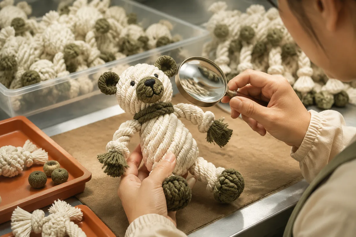 QC inspection of cotton rope animal dog toy seams, knot ends, and embroidery on a factory quality control bench