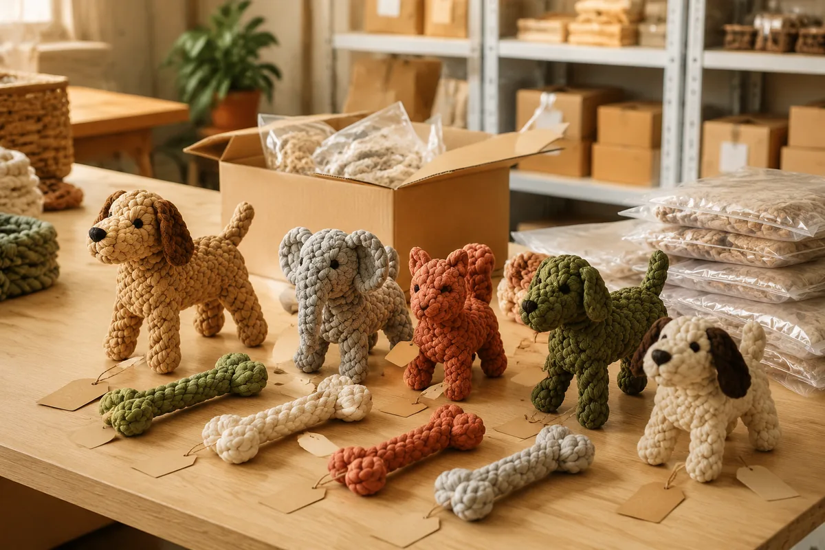 Cotton rope animal dog toys sampling and MOQ comparison with colorways and hangtags on factory packing table