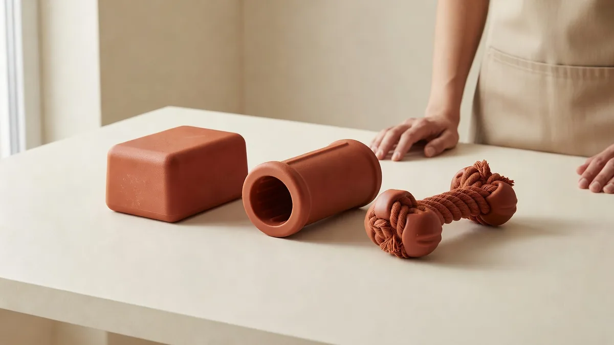 Sampling desk with a solid TPR block, a hollow treat roller, and a cotton-and-TPR bone for a CPSIA pet toys manufacturer review