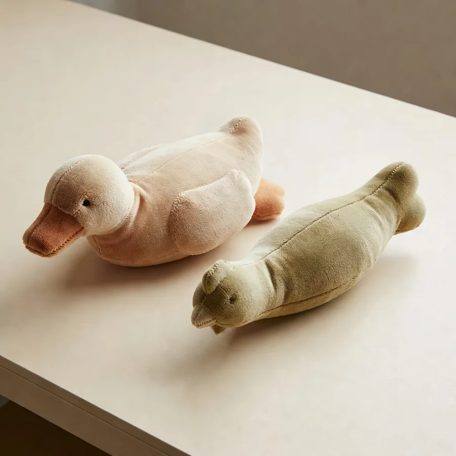 Plush duck and a slim plush chicken on a cream inspection table beside seam samples, no printed labels