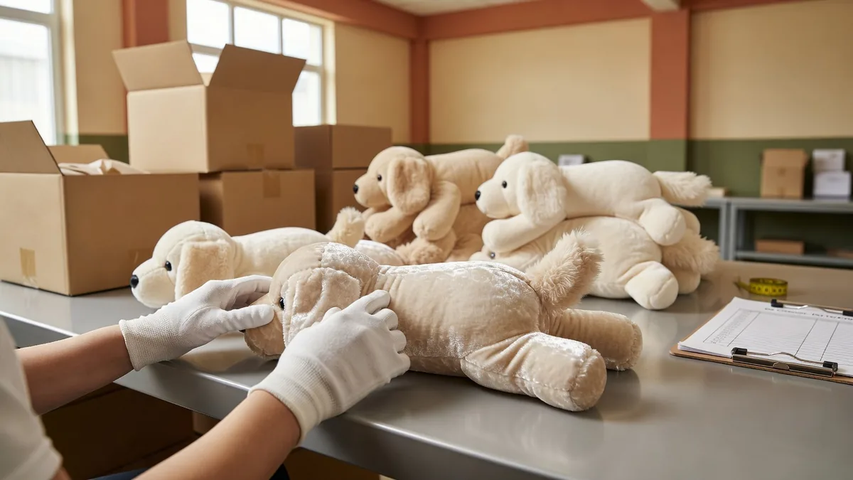 QC station checking crystal velvet plush dog toy seams, pile direction, fill weight, and private-label packaging before export cartons