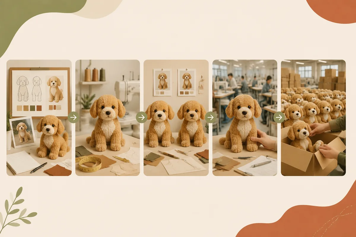 Custom plush dog toys sampling timeline from brief and proto sample through revision, pre-production sample, and bulk QC