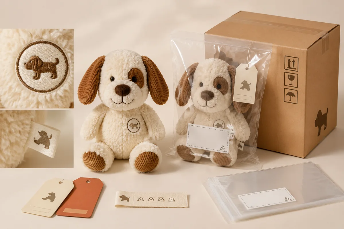 Custom plush pet toys OEM branding and packaging: embroidery logo, woven care label, hangtag, polybag, and export master carton