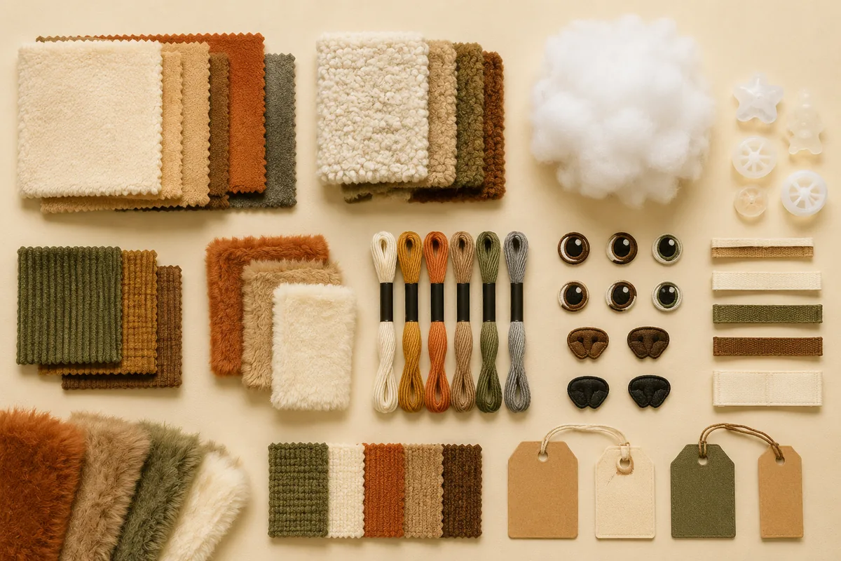 Custom plush pet toys OEM materials flatlay: short pile, sherpa, fiberfill, embroidery samples, woven labels, and squeaker options