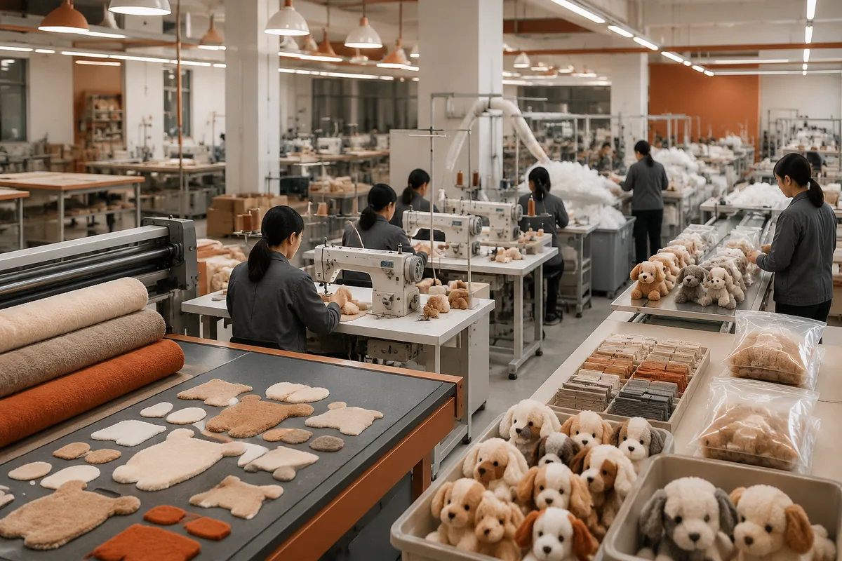 OEM plush pet toy production line with fabric cutting, sewing, stuffing, and labeling stations in a China factory