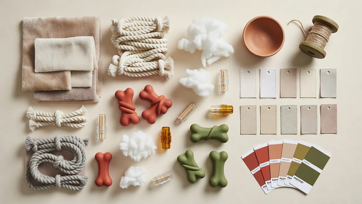 Materials and QC flatlay for discount pet toys wholesale: plush fabric, rope, TPR samples, hangtags, color cards