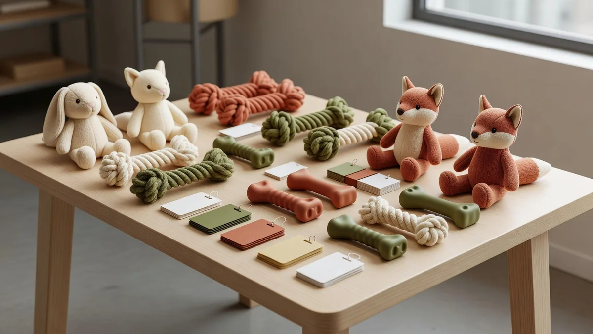 Assorted dog toys on a B2B sampling desk for dog toy distributors evaluating plush rope and rubber SKUs