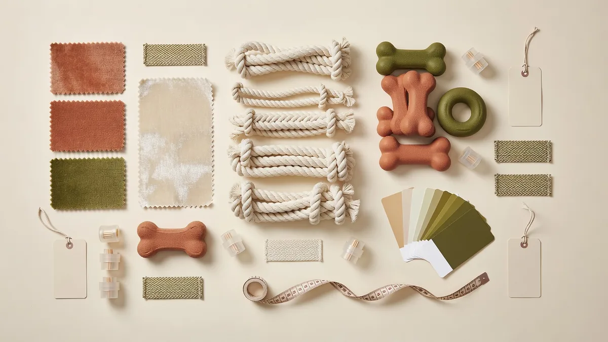 Materials flatlay for dog toy distributors RFQs: plush fabric, rope, TPR samples, hangtags, color cards