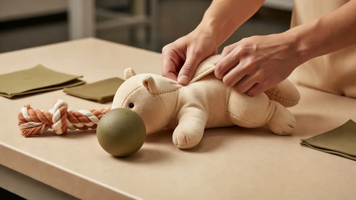 Dog toy testing durability pull test on plush seam at a factory QC bench
