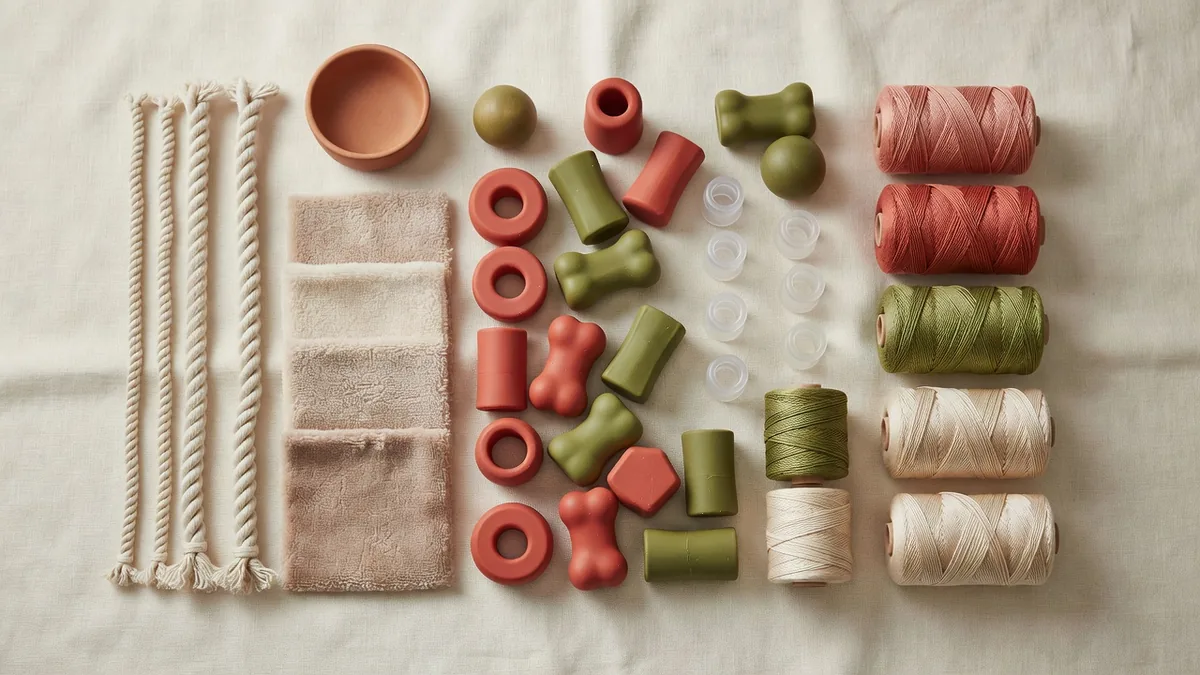 Materials flatlay for dog toy testing: plush fabric, cotton rope, TPR chew pieces, and squeaker inserts