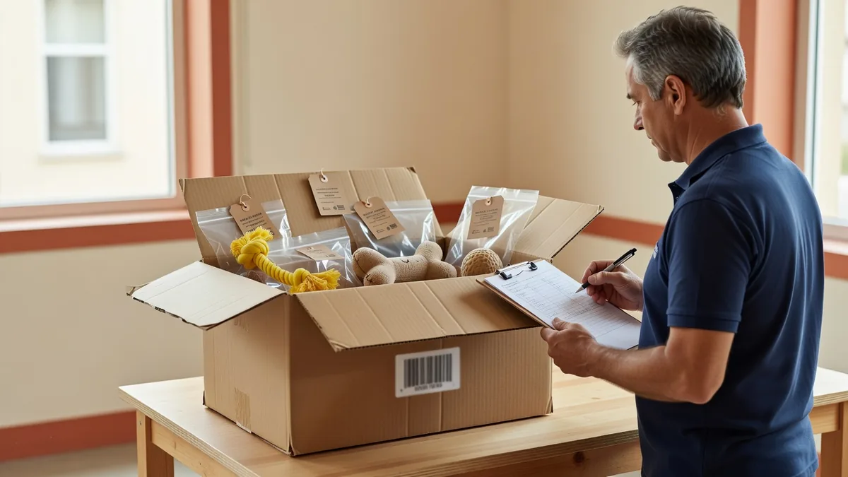 Pre-shipment pack-out inspection for dog toys with polybagged units and master carton