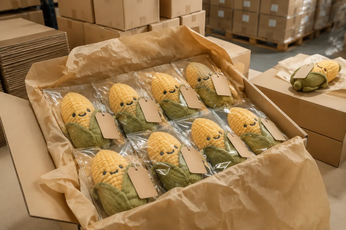 Export carton pack-out of eco corn fiber plush dog toys with polybags and master cartons for wholesale shipping