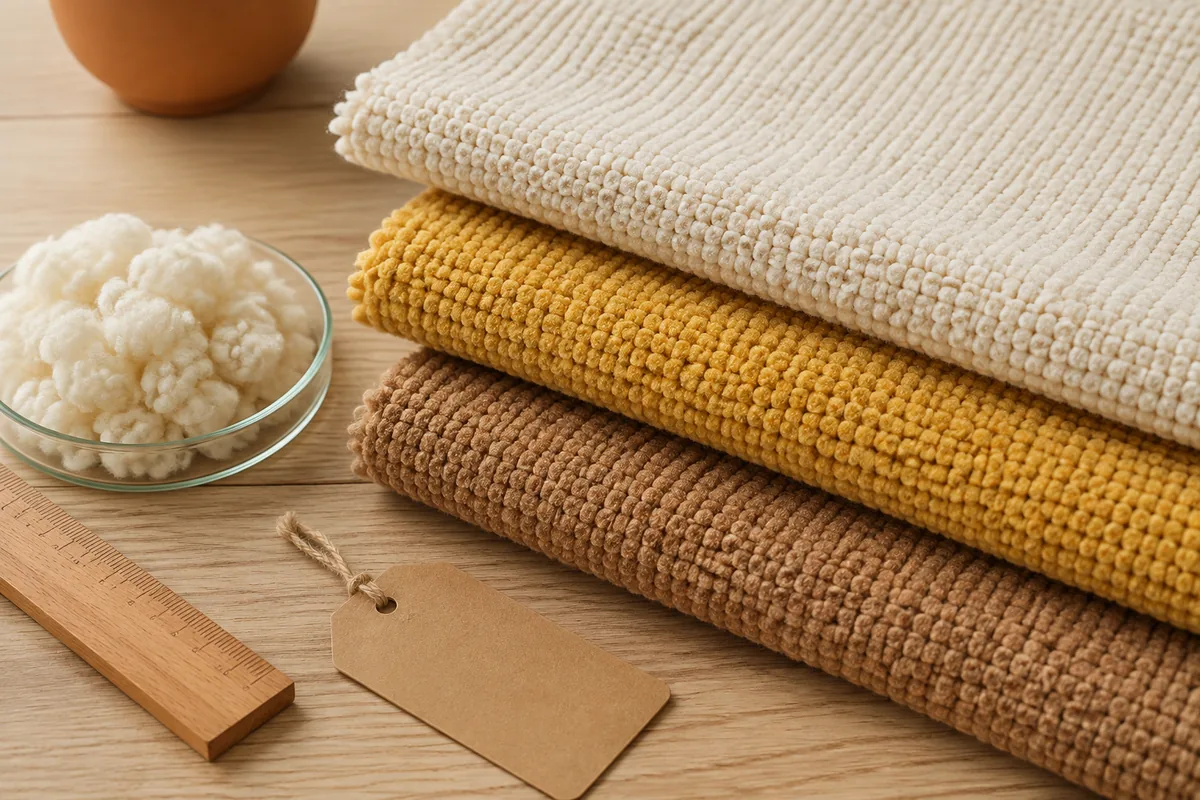 Corn fiber plush fabric swatches and raw staple fiber on a warm cream sampling desk for B2B pet toy buyers