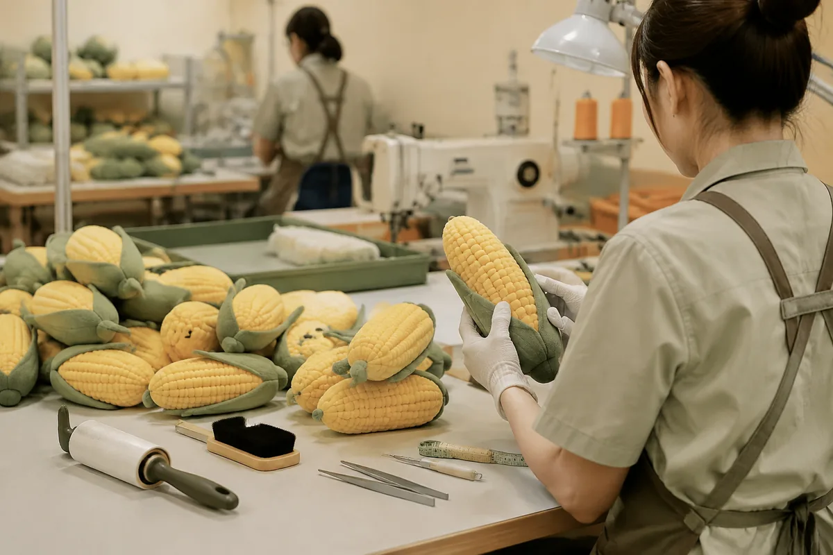 Sewing line QC of corn-texture plush dog toys with seam checks and stuffing density on a factory table