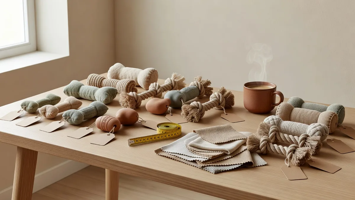 Assorted eco friendly dog toys on a B2B sampling desk for wholesale buyers evaluating plush rope and rubber SKUs