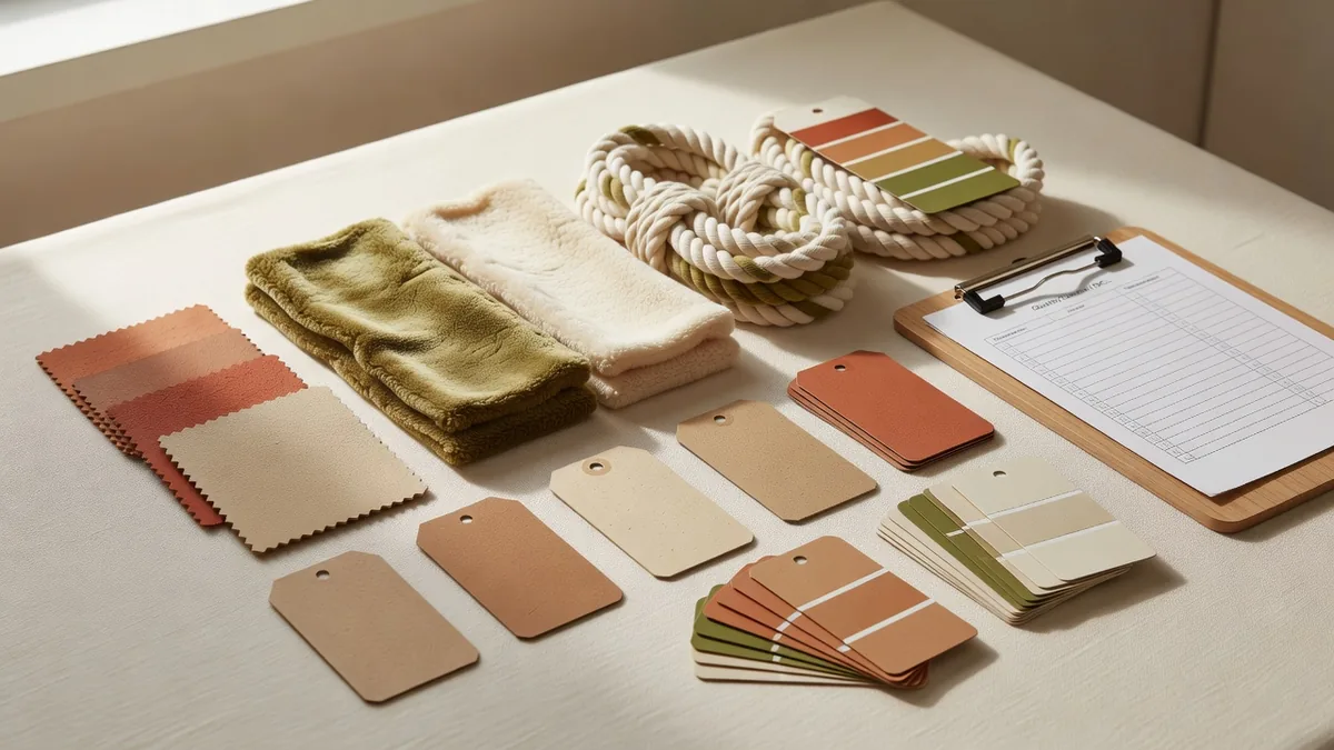 Materials flatlay for eco friendly dog toys wholesale RFQs: natural rubber, recycled plush, organic cotton rope, hangtags, color cards