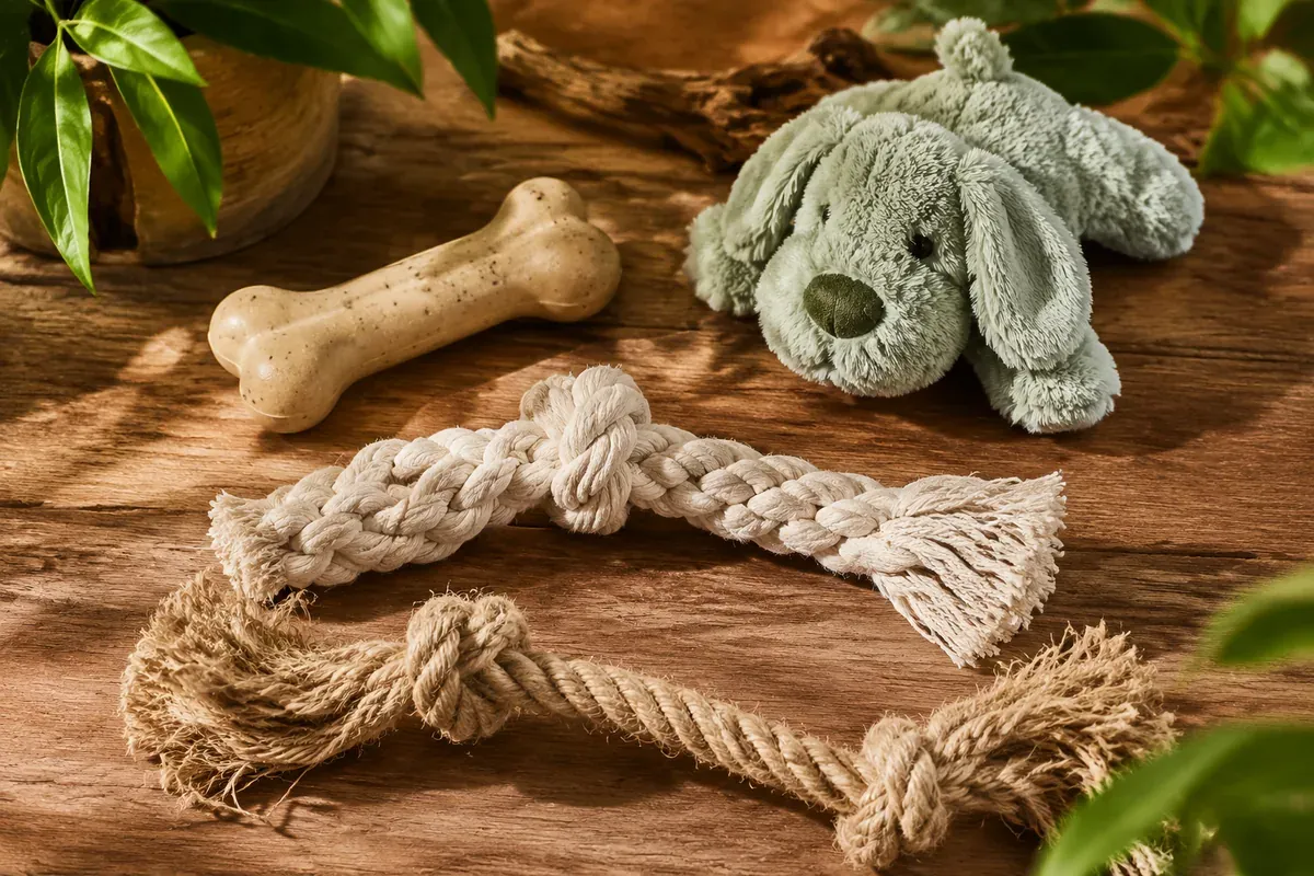 Four eco-friendly pet toy materials: natural rubber bone, recycled polyester plush, organic cotton rope, and hemp tug toy on wooden surface