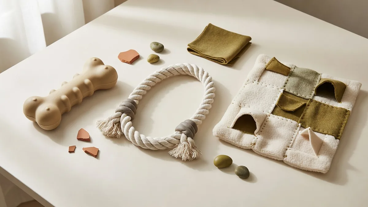 Sampling desk with TPR key-shaped chews, a cotton rope ring, and a fleece enrichment toy for an EN71 pet toys manufacturer review