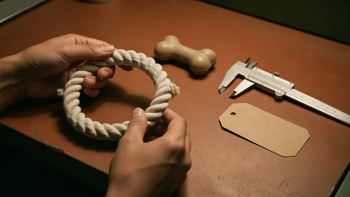 TPR chew, cotton-and-rubber rope ring, and fleece enrichment pieces compared before an EN71 panel