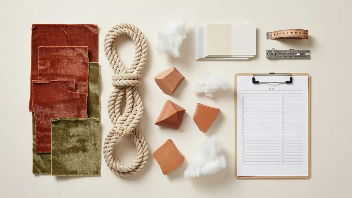 Materials and QC flatlay for factory direct pet products bulk pricing: plush fabric, rope, TPR samples, color cards