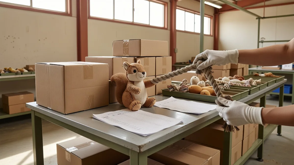 Factory QC and pack-out bench for factory direct pet products bulk pricing with cartons and AQL sample trays