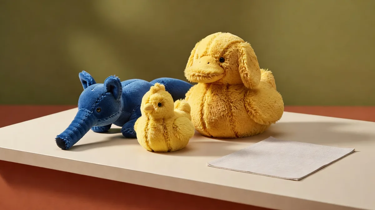 Fox Elephant, Cute Goofy Chicken, and Charging Duck crystal plush samples on a cream sampling table