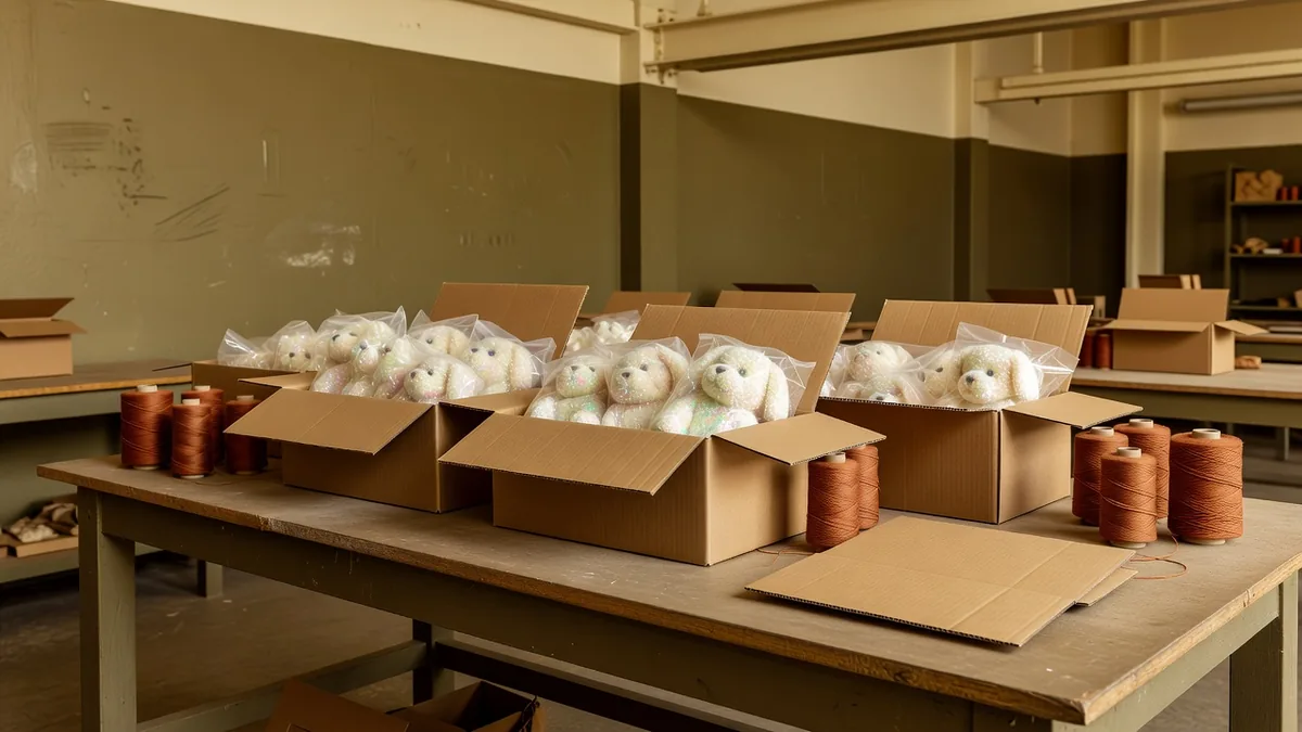 Plain cartons of crystal plush dog toys in unprinted polybags on a factory pack-out bench